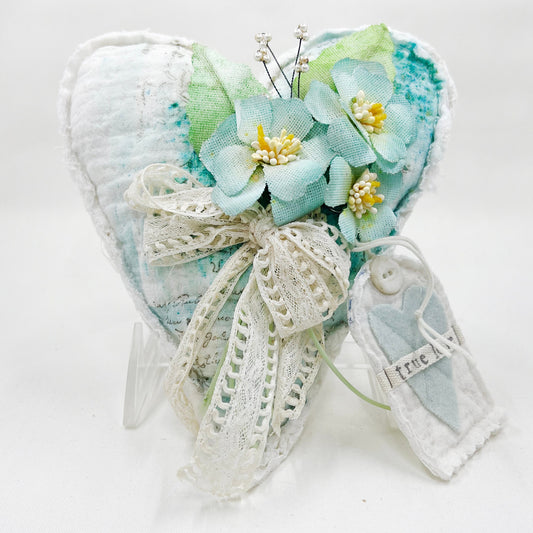 Handmade Heartfelt Love Notes Vintage Heart Bowl Filler #1: mixed media fabric art with handmade flowers by artist Tammy Tutterow