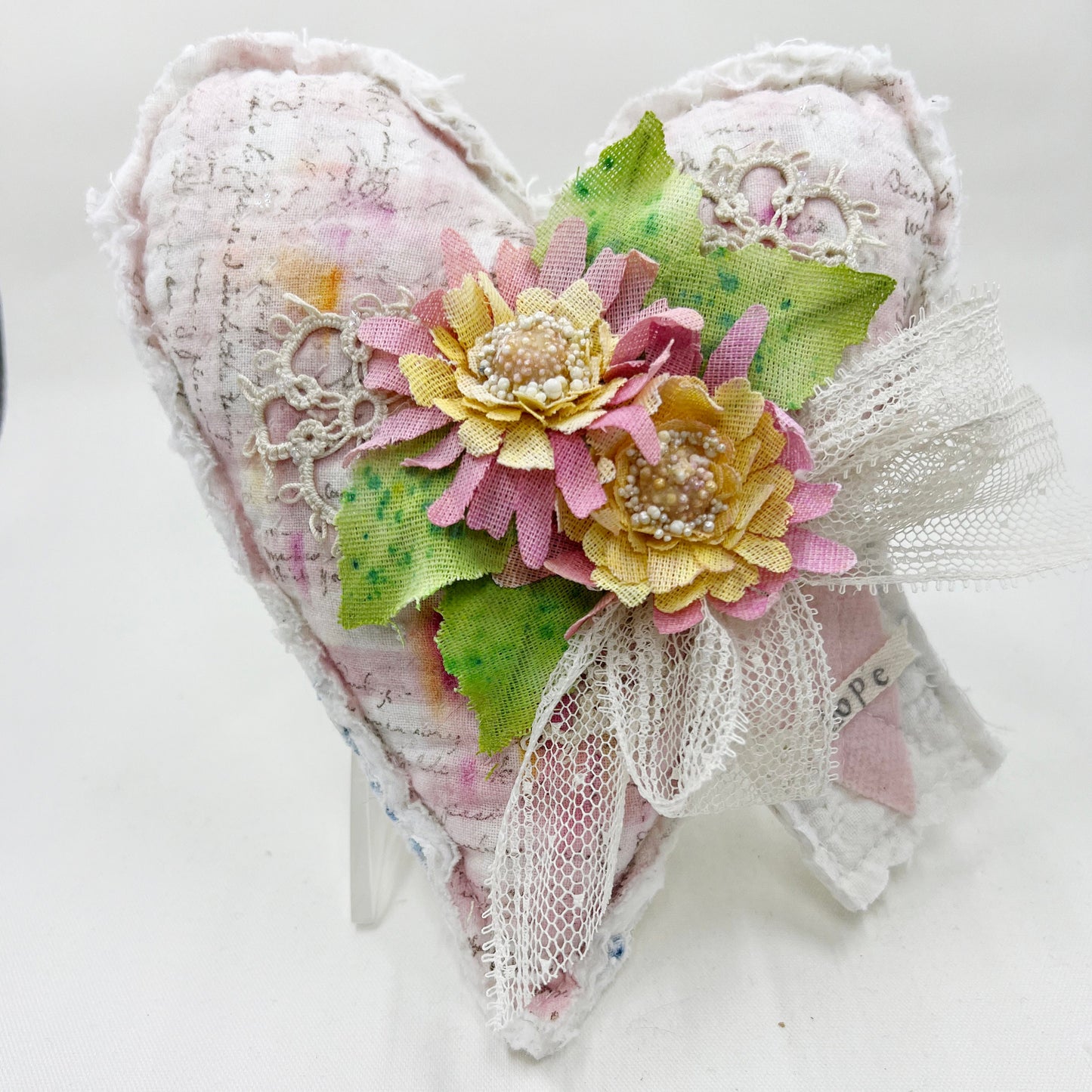 Handmade Heartfelt Love Notes Vintage Heart Bowl Filler #2: mixed media fabric art with handmade flowers by artist Tammy Tutterow