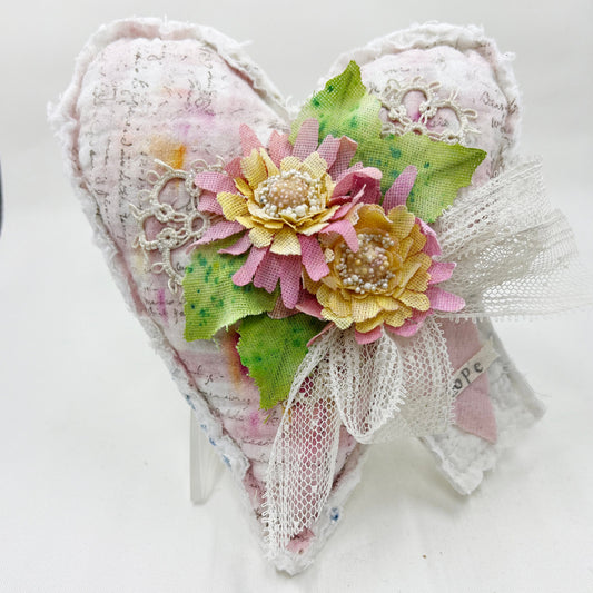 Handmade Heartfelt Love Notes Vintage Heart Bowl Filler #2: mixed media fabric art with handmade flowers by artist Tammy Tutterow