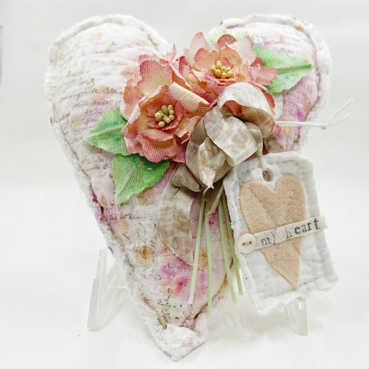 Handmade Heartfelt Love Notes Vintage Heart Bowl Filler #3: mixed media fabric art with handmade flowers by artist Tammy Tutterow