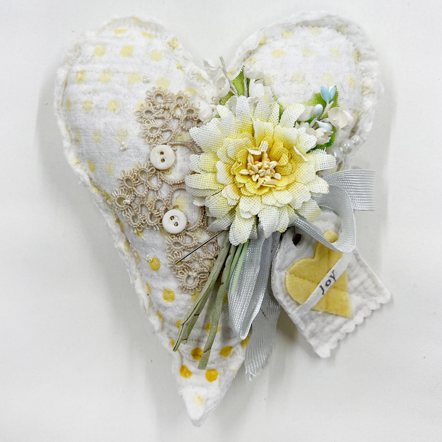 Handmade Heartfelt Love Notes Vintage Heart Bowl Filler #5: mixed media fabric art with handmade flowers by artist Tammy Tutterow