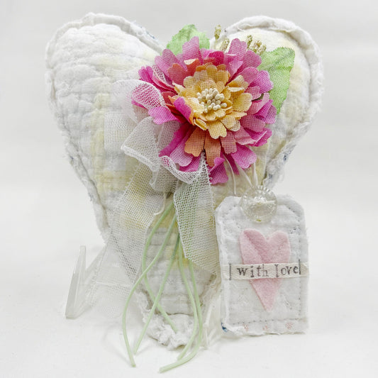 Handmade Heartfelt Love Notes Vintage Heart Bowl Filler #6: mixed media fabric art with handmade flowers by artist Tammy Tutterow