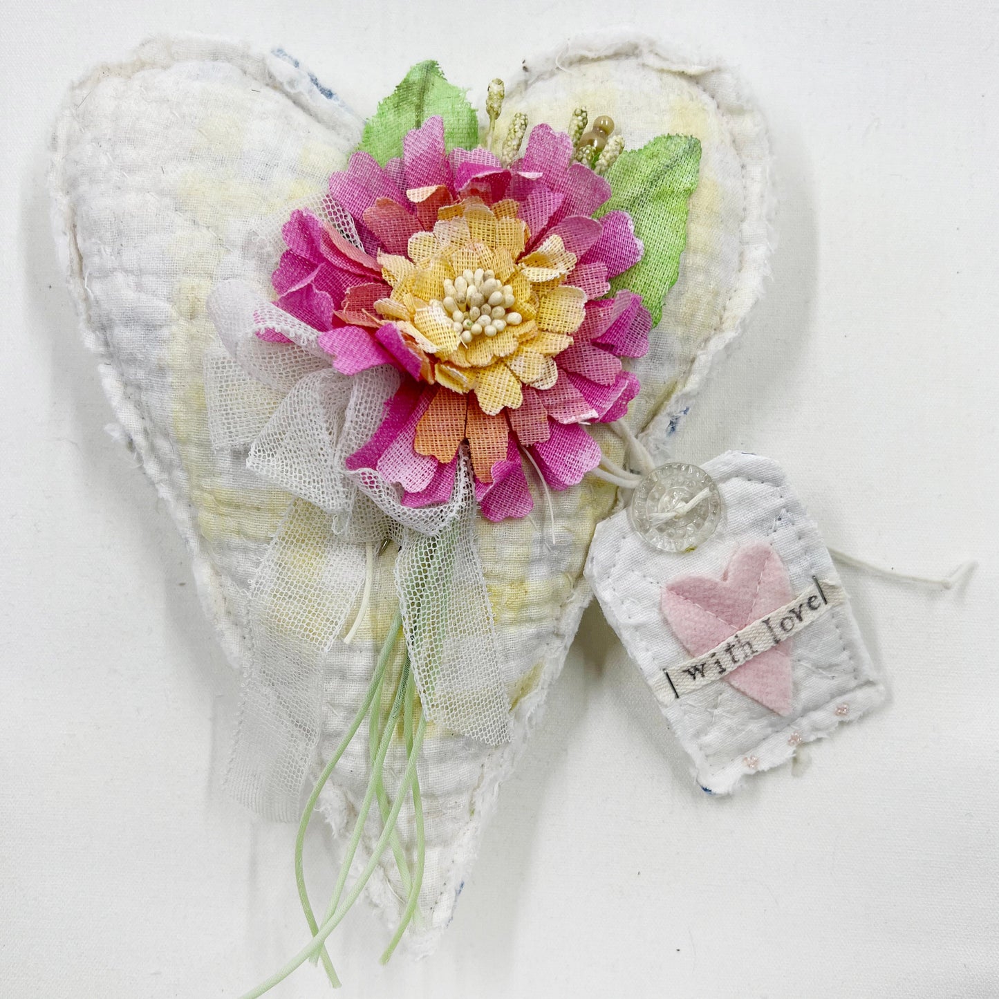 Handmade Heartfelt Love Notes Vintage Heart Bowl Filler #6: mixed media fabric art with handmade flowers by artist Tammy Tutterow