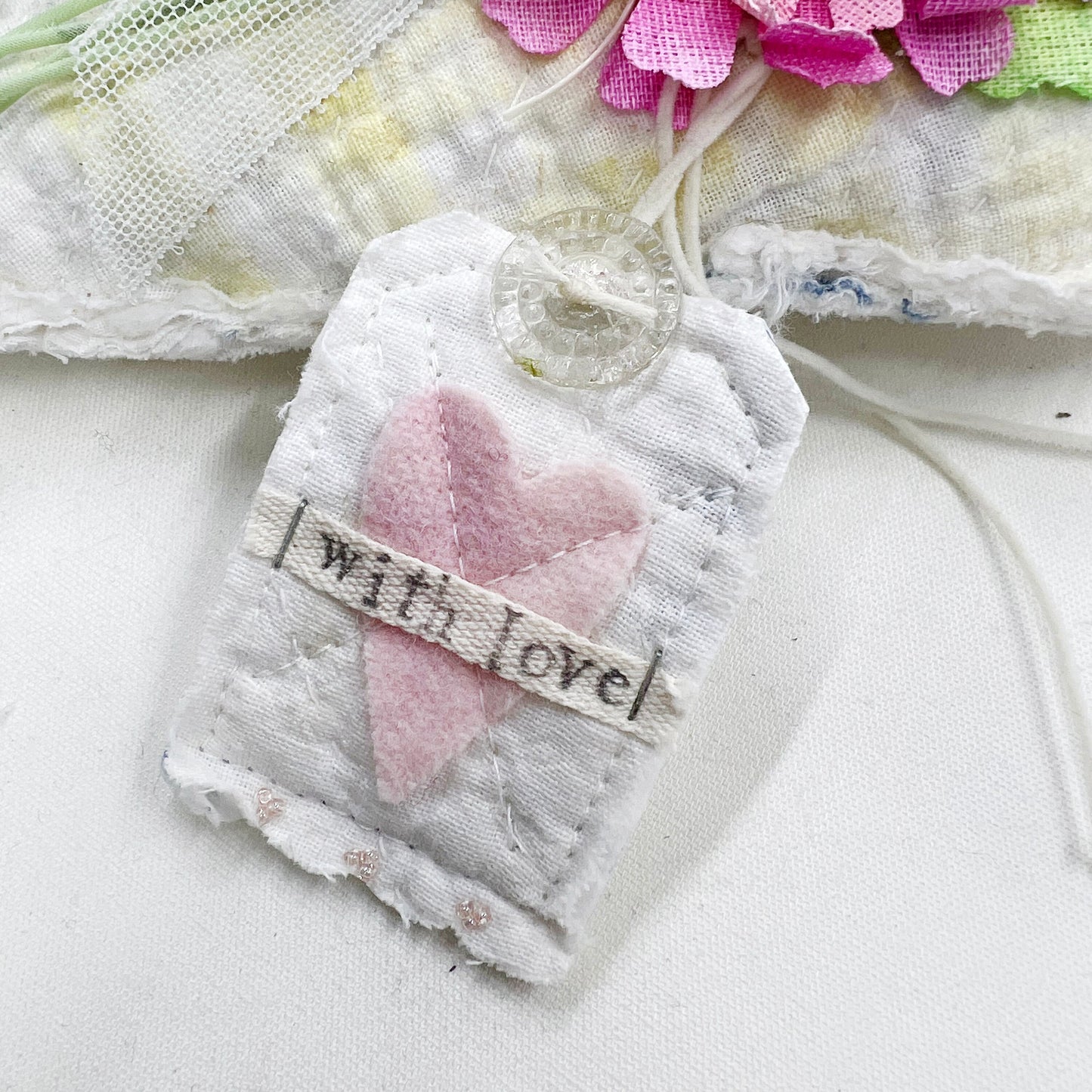 Handmade Heartfelt Love Notes Vintage Heart Bowl Filler #6: mixed media fabric art with handmade flowers by artist Tammy Tutterow