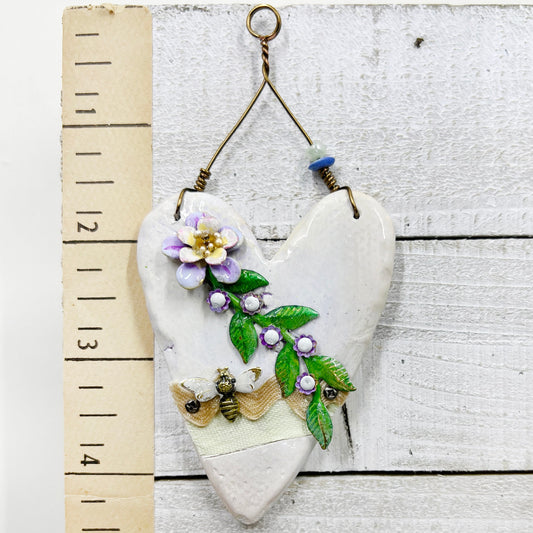 Handmade Heartfelt Ornament 6: hand sculpted heart with mixed media hand-painted enameled flowers by artist Tammy Tutterow