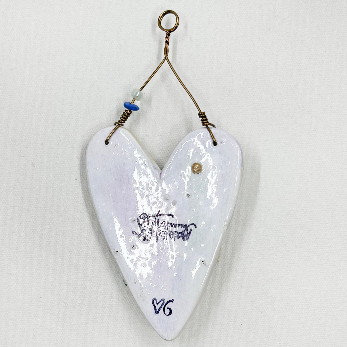 Handmade Heartfelt Ornament 6: hand sculpted heart with mixed media hand-painted enameled flowers by artist Tammy Tutterow