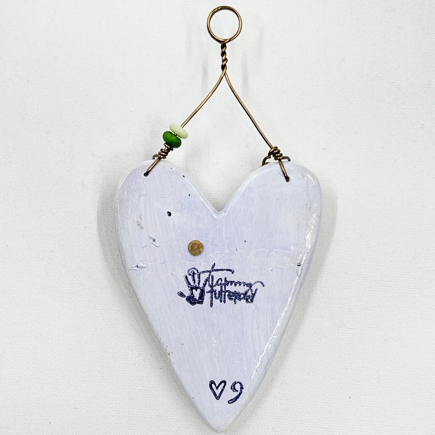 Handmade Heartfelt Ornament 9: hand sculpted heart with mixed media hand-painted enameled flowers by artist Tammy Tutterow