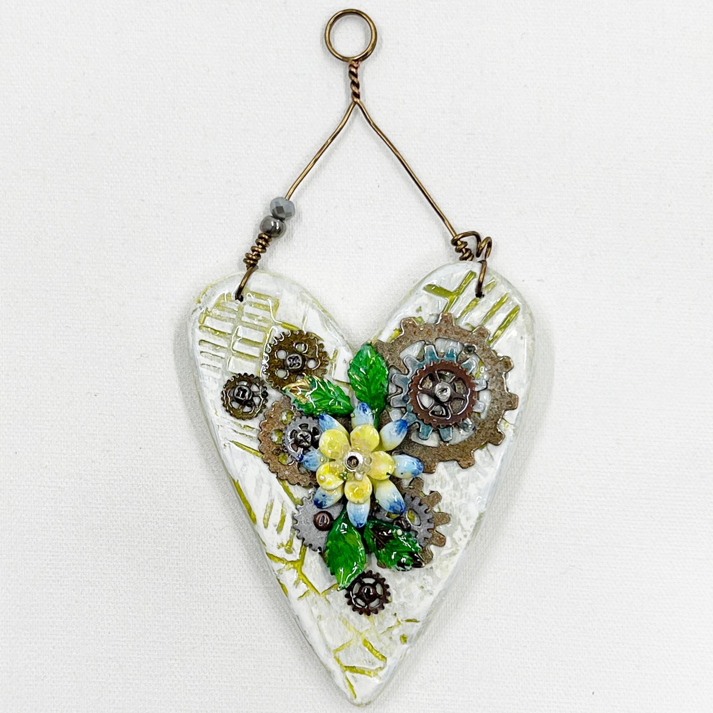 Handmade Heartfelt Ornament 10: hand sculpted heart with mixed media hand-painted enameled flowers by artist Tammy Tutterow