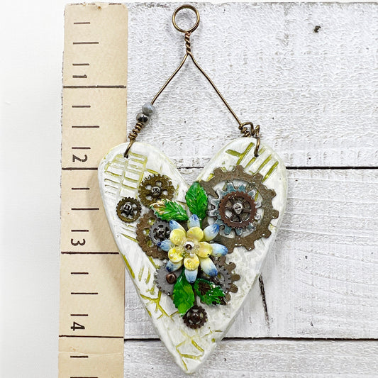 Handmade Heartfelt Ornament 10: hand sculpted heart with mixed media hand-painted enameled flowers by artist Tammy Tutterow