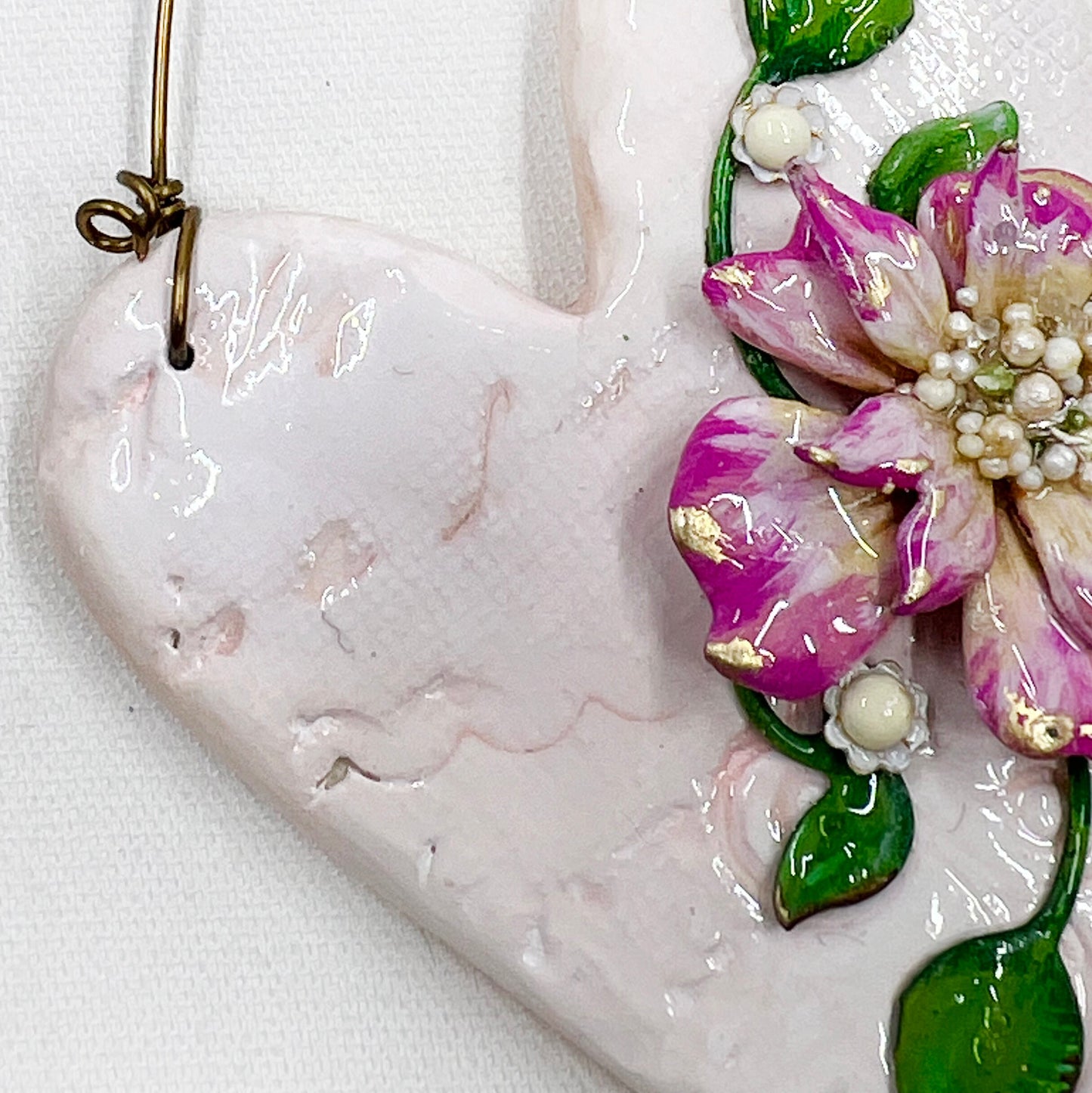 Handmade Heartfelt Ornament 12: hand sculpted heart with mixed media hand-painted enameled flowers by artist Tammy Tutterow