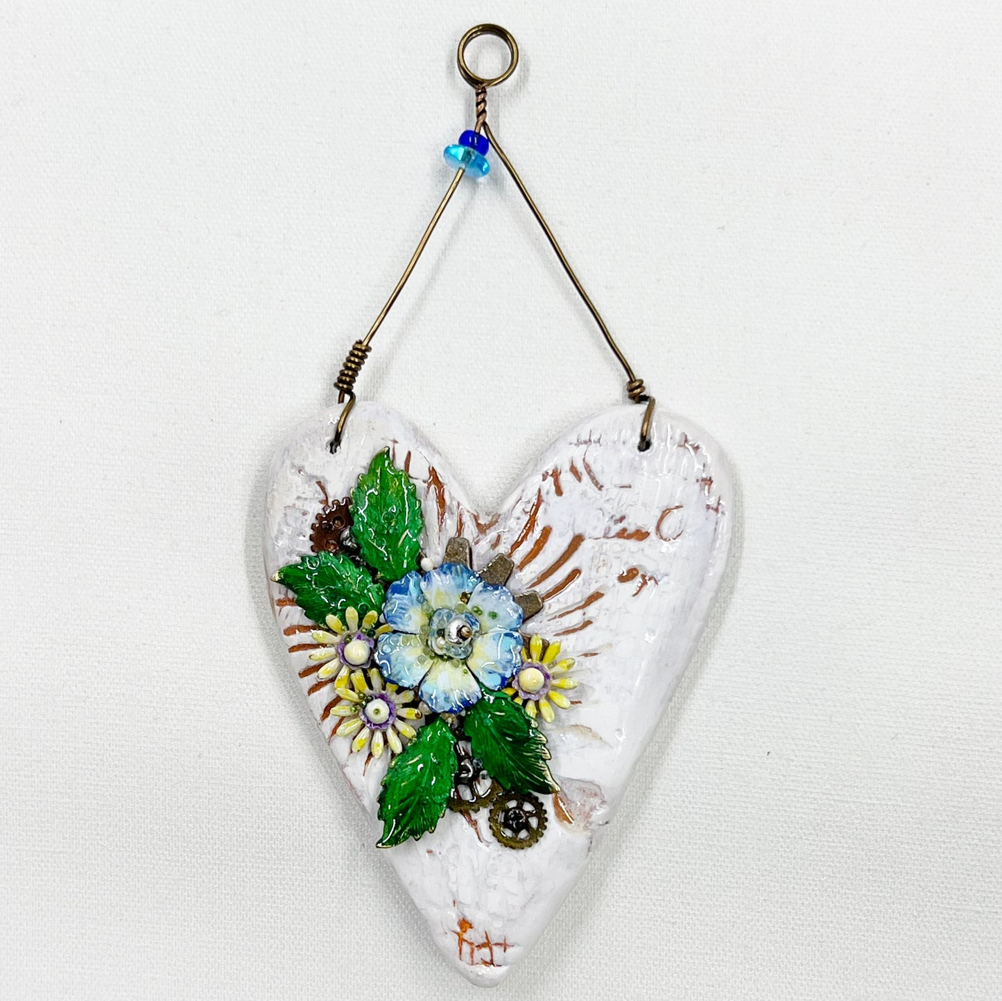 Handmade Heartfelt Ornament 15: hand sculpted heart with mixed media hand-painted enameled flowers by artist Tammy Tutterow