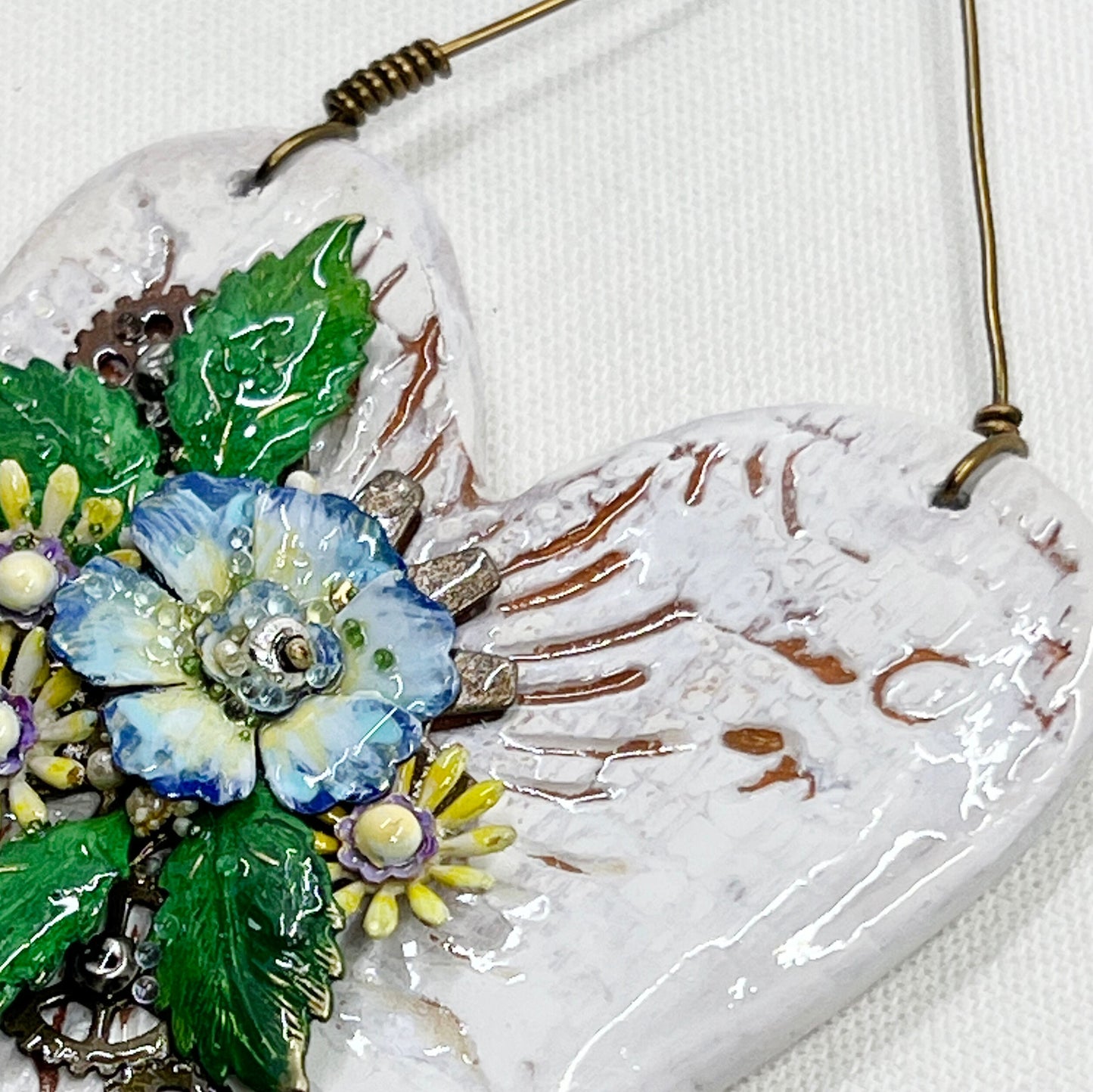 Handmade Heartfelt Ornament 15: hand sculpted heart with mixed media hand-painted enameled flowers by artist Tammy Tutterow