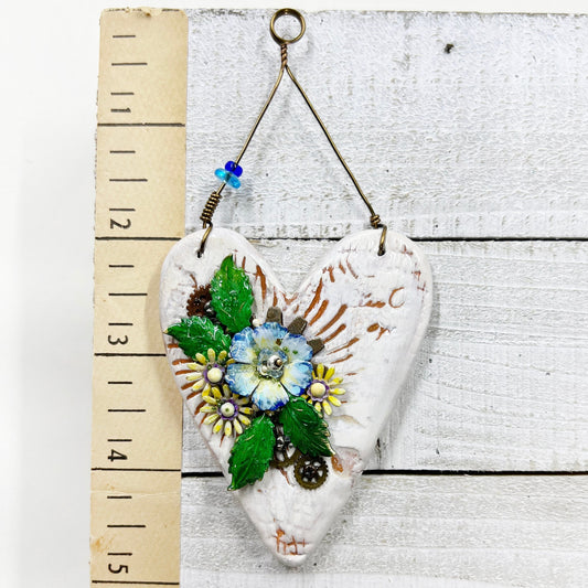 Handmade Heartfelt Ornament 15: hand sculpted heart with mixed media hand-painted enameled flowers by artist Tammy Tutterow