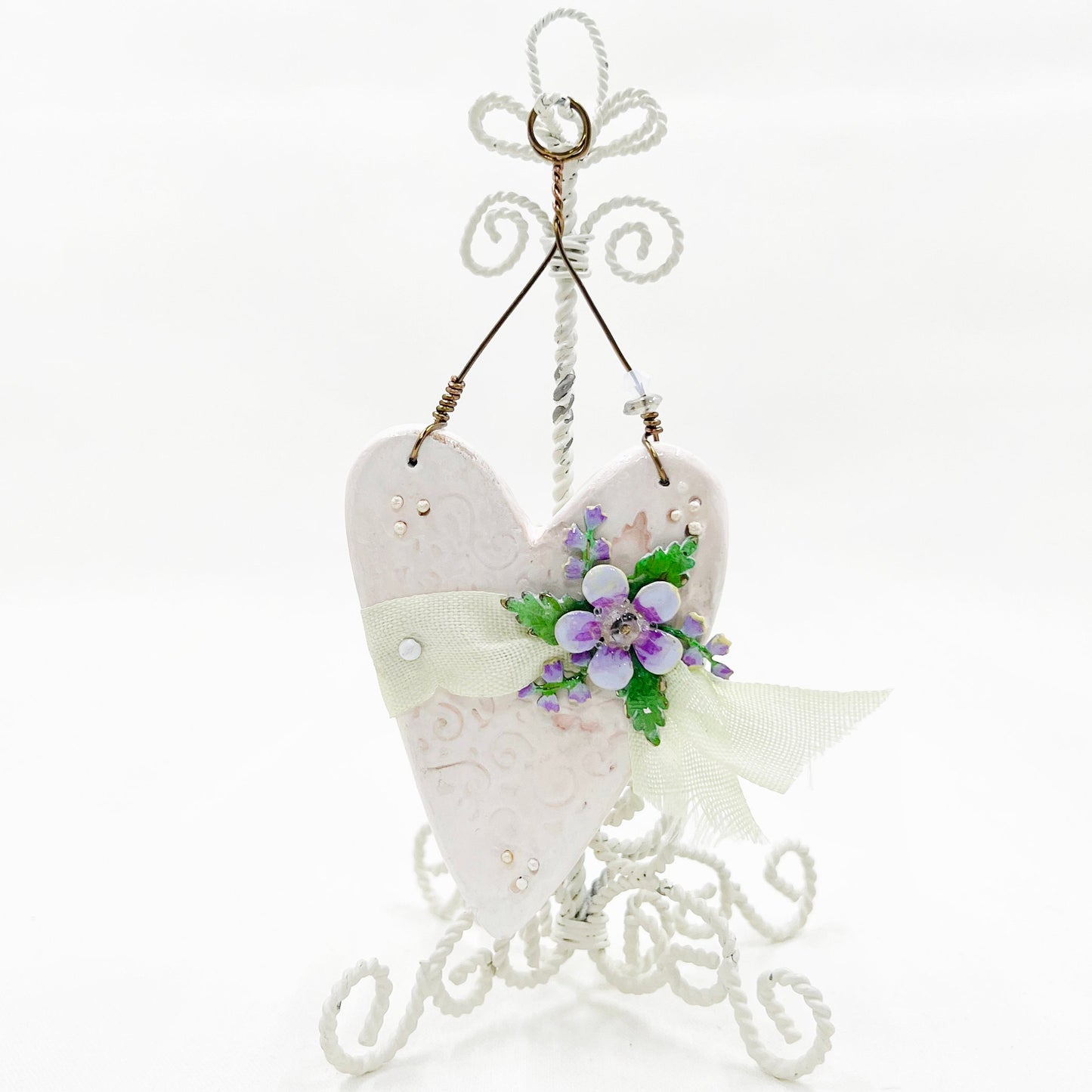 Handmade Heartfelt Ornament 17: hand sculpted heart with mixed media hand-painted enameled flowers by artist Tammy Tutterow